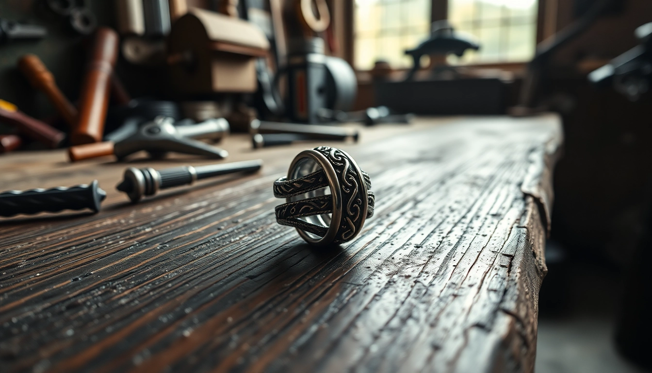 Ein kunstvoller biker ring auf einem rustikalen Tisch, betont die Handwerkskunst.