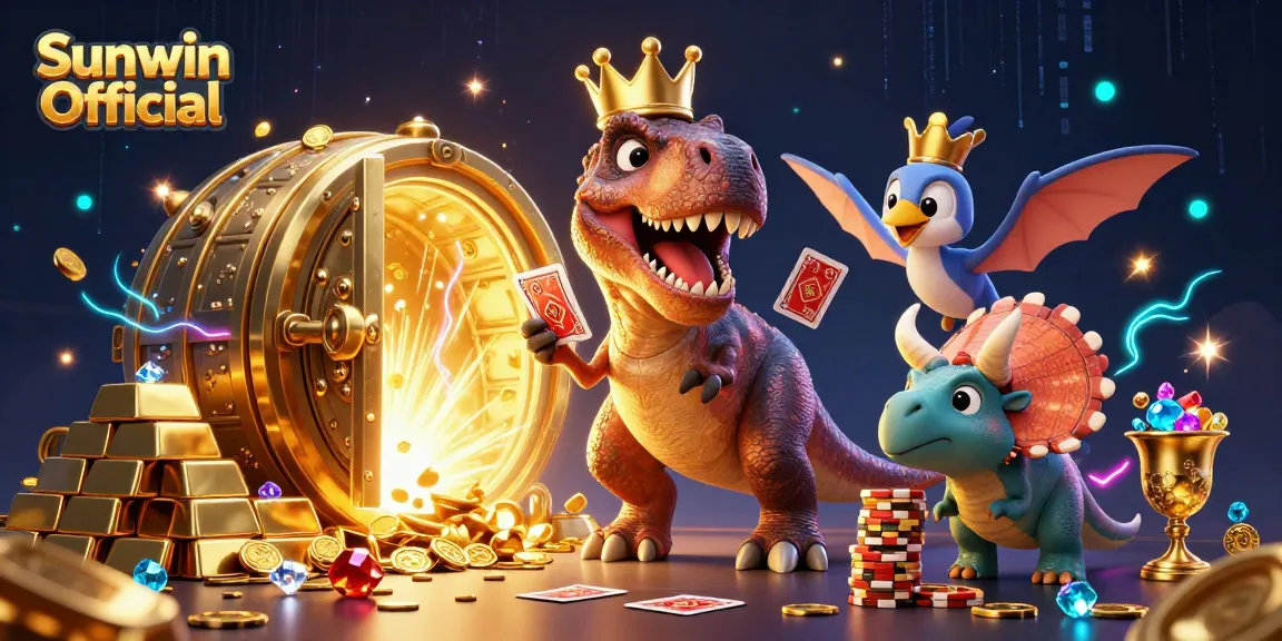 Experience the excitement of Sunwin Official as a T-Rex shuffles cards amidst a treasure-filled casino scene.