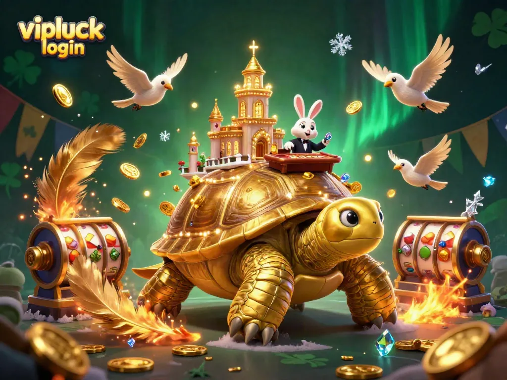 Experience exciting gameplay through the vipluck login as golden tortoise and rabbit dealer host an animated casino scene.