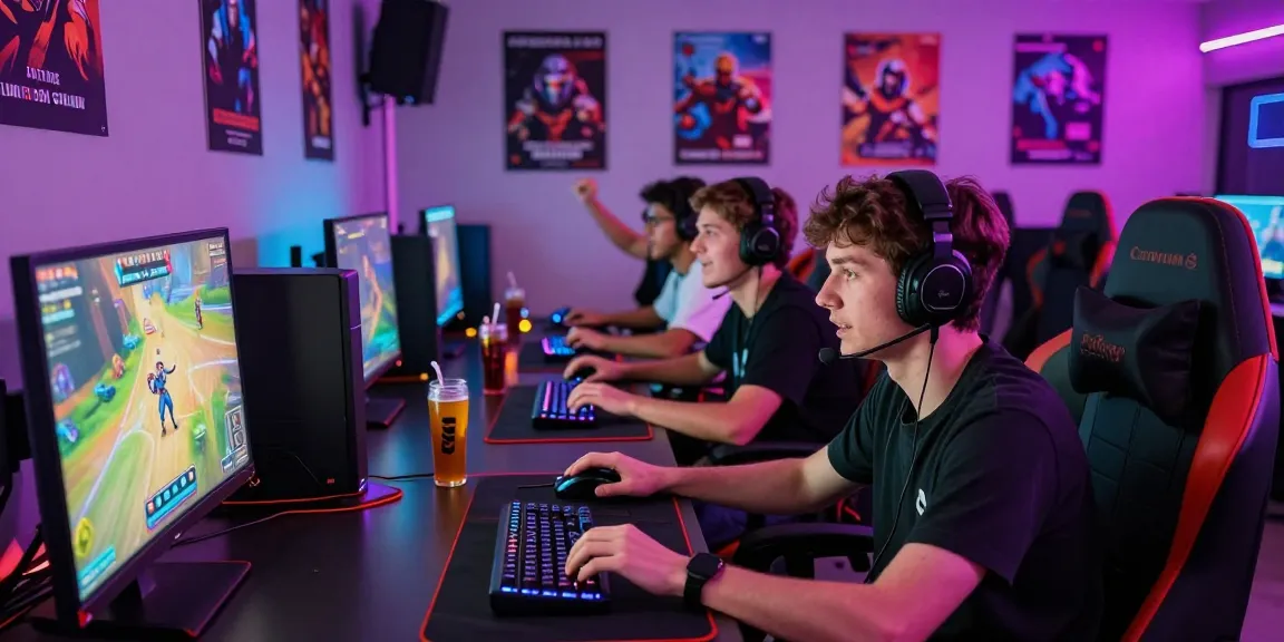 Friends enjoying FAFA 828 gaming session in vibrant lounge with colorful LED lights and high-end PCs.