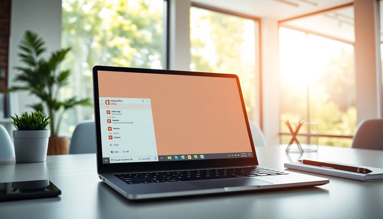 Microsoft Office Pro Plus 2024 Lizenzkauf in einer professionellen Büroumgebung mit Laptop und Pflanzen.