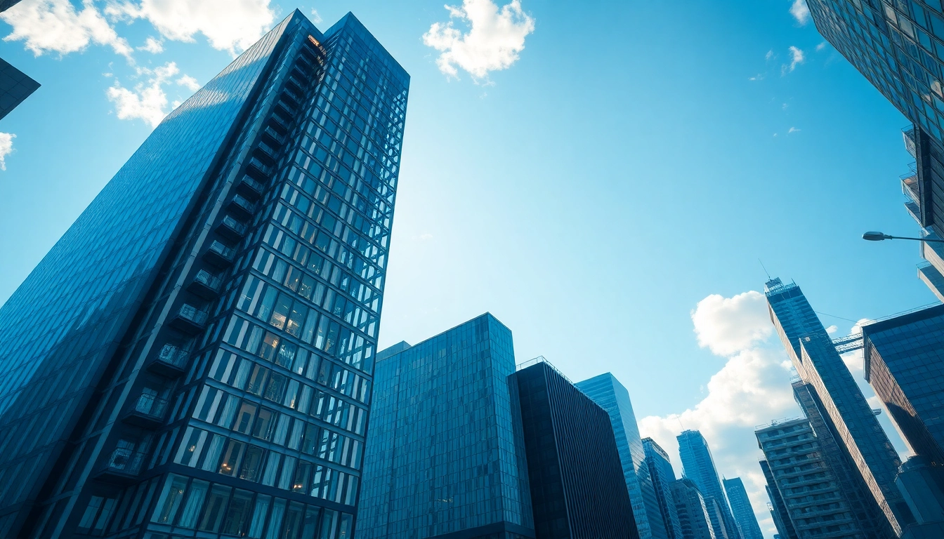 Architektur visualisierung mit modernen Hochhäusern in einer Stadtlandschaft, die Innovation verdeutlicht.