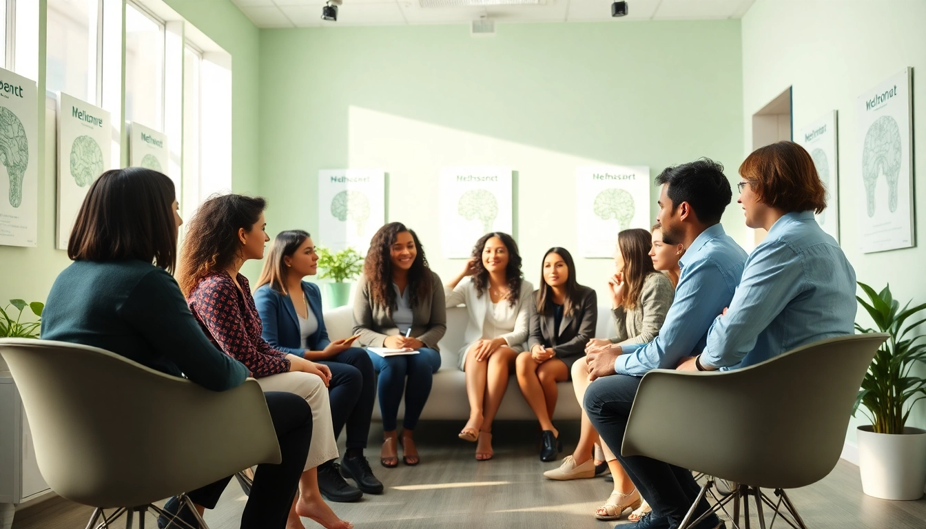 Engaging scene promoting mental health awareness with diverse individuals communicating.