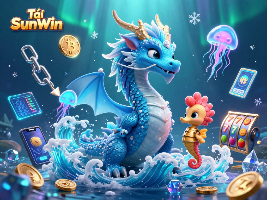 Tải SunWin showcases a vibrant underwater casino scene with a mighty water dragon and engaging gaming elements.