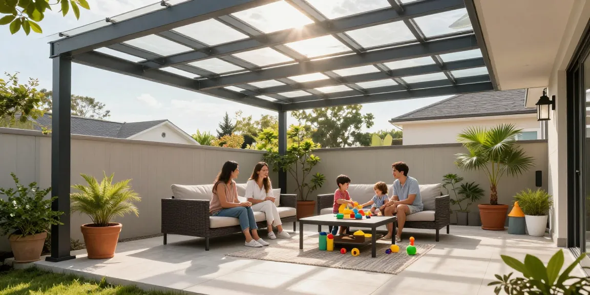 Terrassenüberdachungen in einem modernen Garten mit einer Familie, die einen sonnigen Nachmittag genießt.