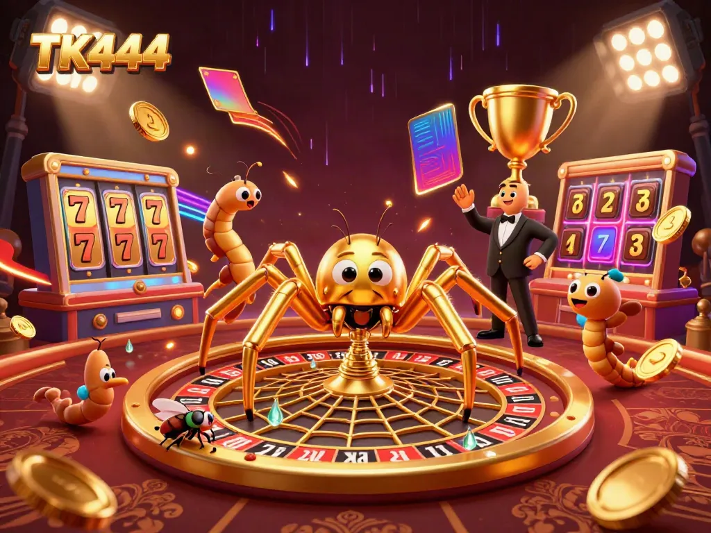 Experience exciting betting moments with TK444 as a golden spider spins a roulette web in an engaging online casino scene.