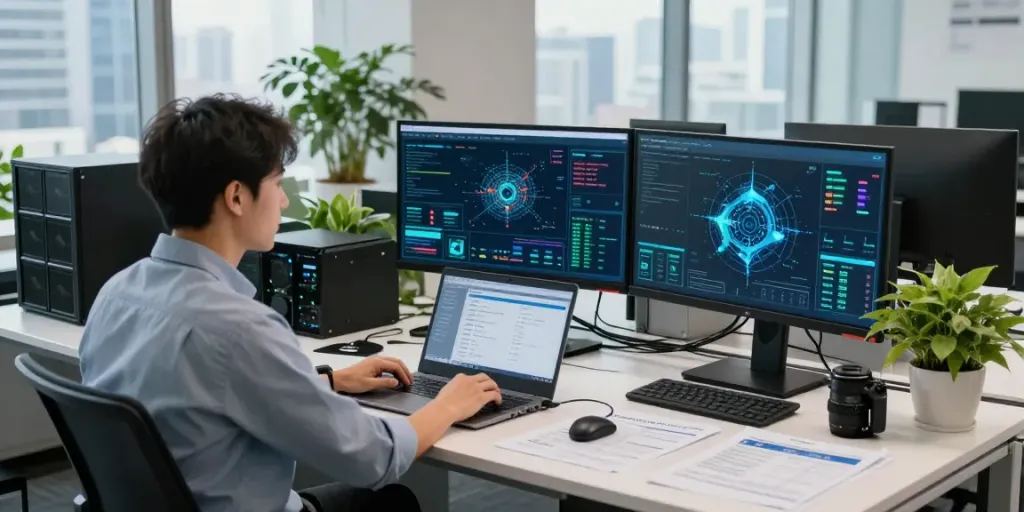 IT Sicherheitsberatung Frankfurt: Berater analysiert Daten in modernem Büro für Cybersecurity.