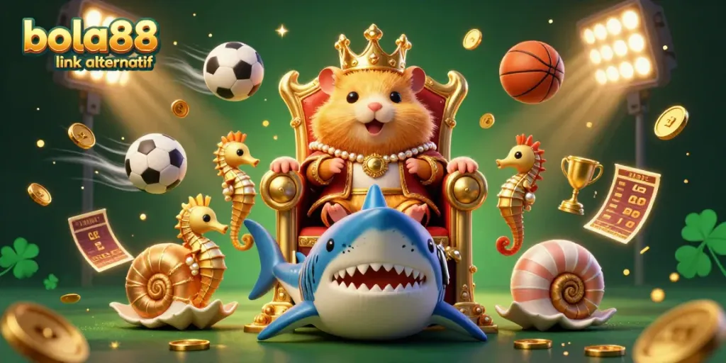 Bets and excitement converge in a brilliantly illustrated scene showcasing bola88 link alternatif with a fiercely regal hamster king amidst a vibrant sports-themed backdrop.