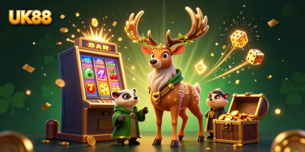 UK88 enhances gaming excitement with a vibrant slot machine explosion and enchanting characters.