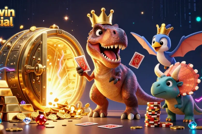 Experience the excitement of Sunwin Official as a T-Rex shuffles cards amidst a treasure-filled casino scene.